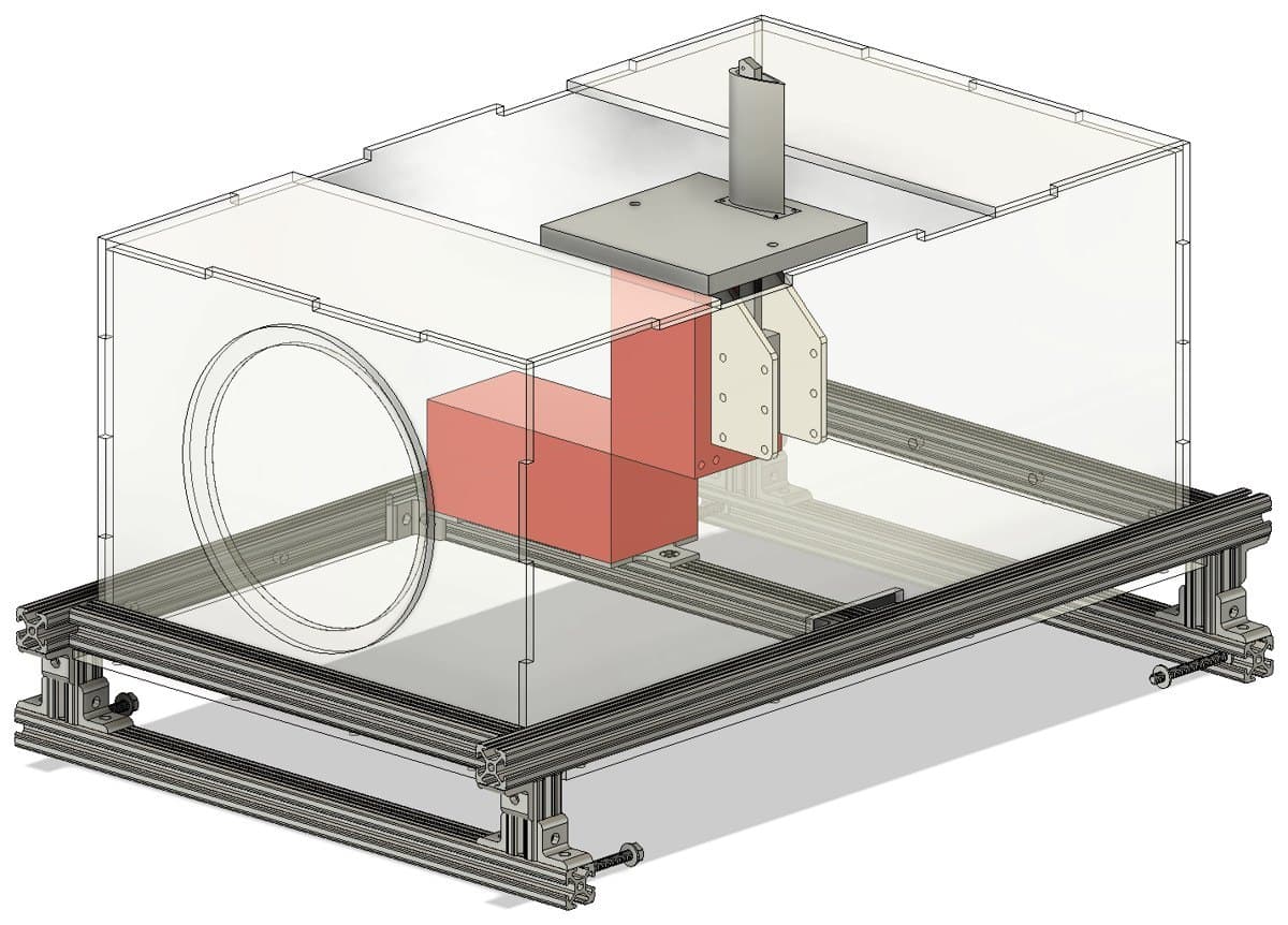 Figure 8: Mount CAD — the shielded load cell sits below the test section, isolated from the flow.