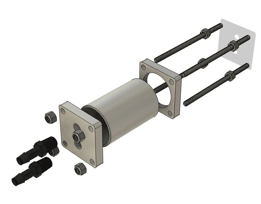 Figure 9: Cylinder exploded — bored tube, two end caps, barbed fittings, four tie rods.