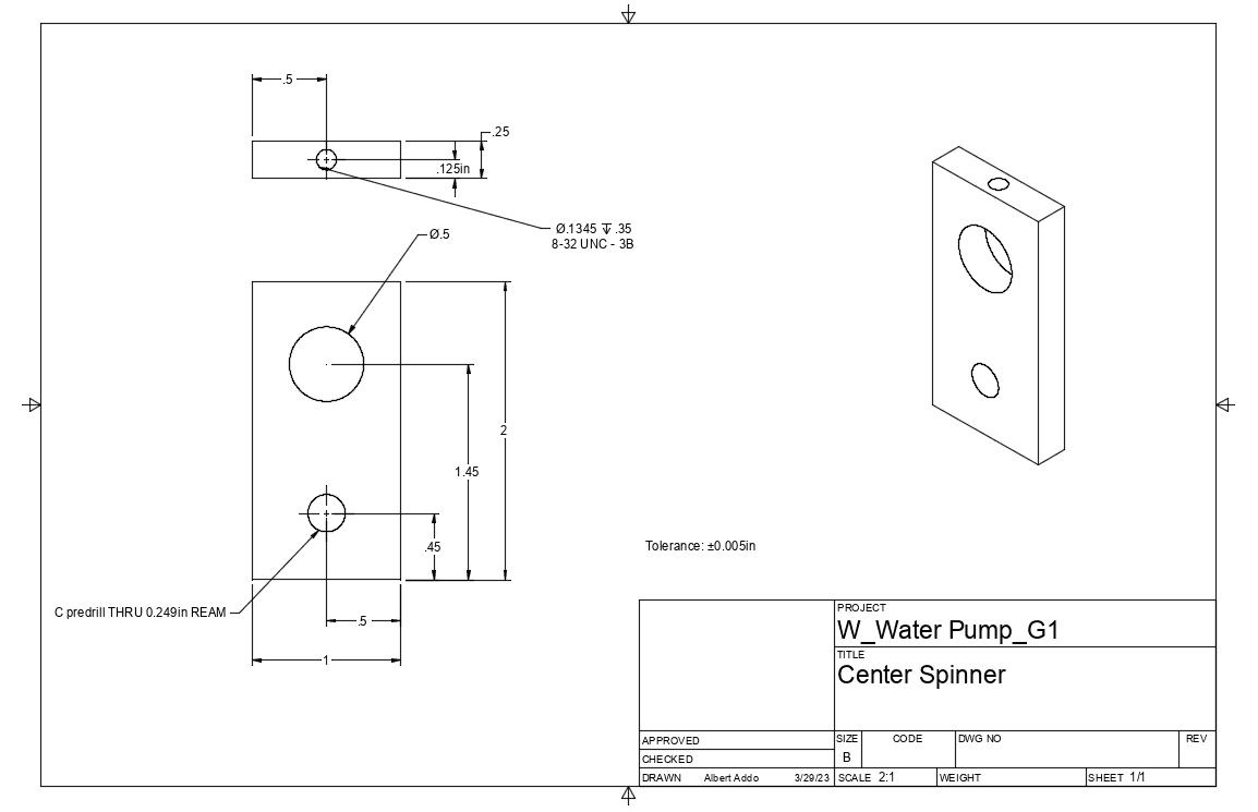 Figure 10: Centre spinner detail drawing. Ø0.5 in shaft bore, Ø0.249 in reamed crank pin bore, ±0.005 in.
