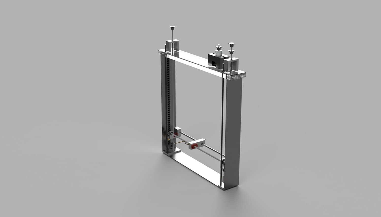Figure 1: Final traverse design (CAD). Two lead-screw axes on guide rails position the hot-wire probe anywhere in the measurement plane.