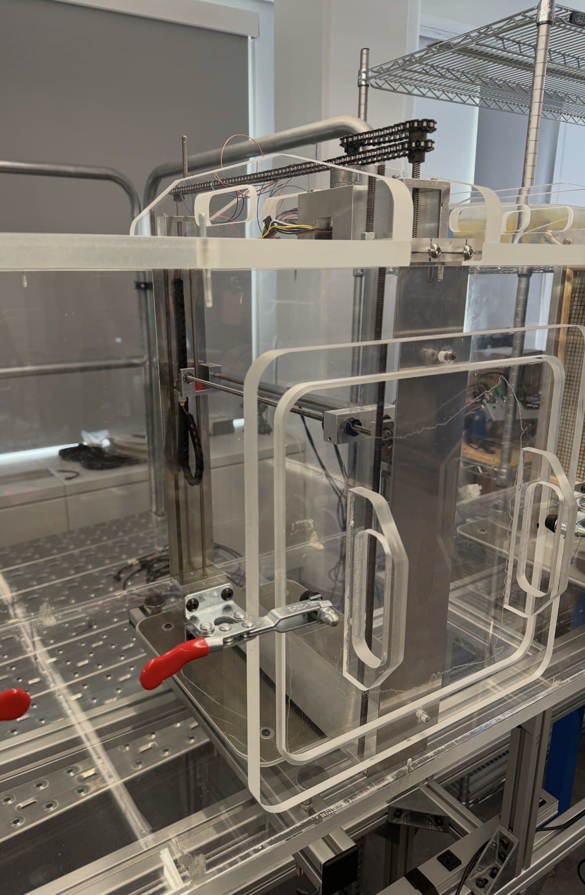 Figure 5: As built — traverse installed on Big Blue, probe deployed in the acrylic test section.