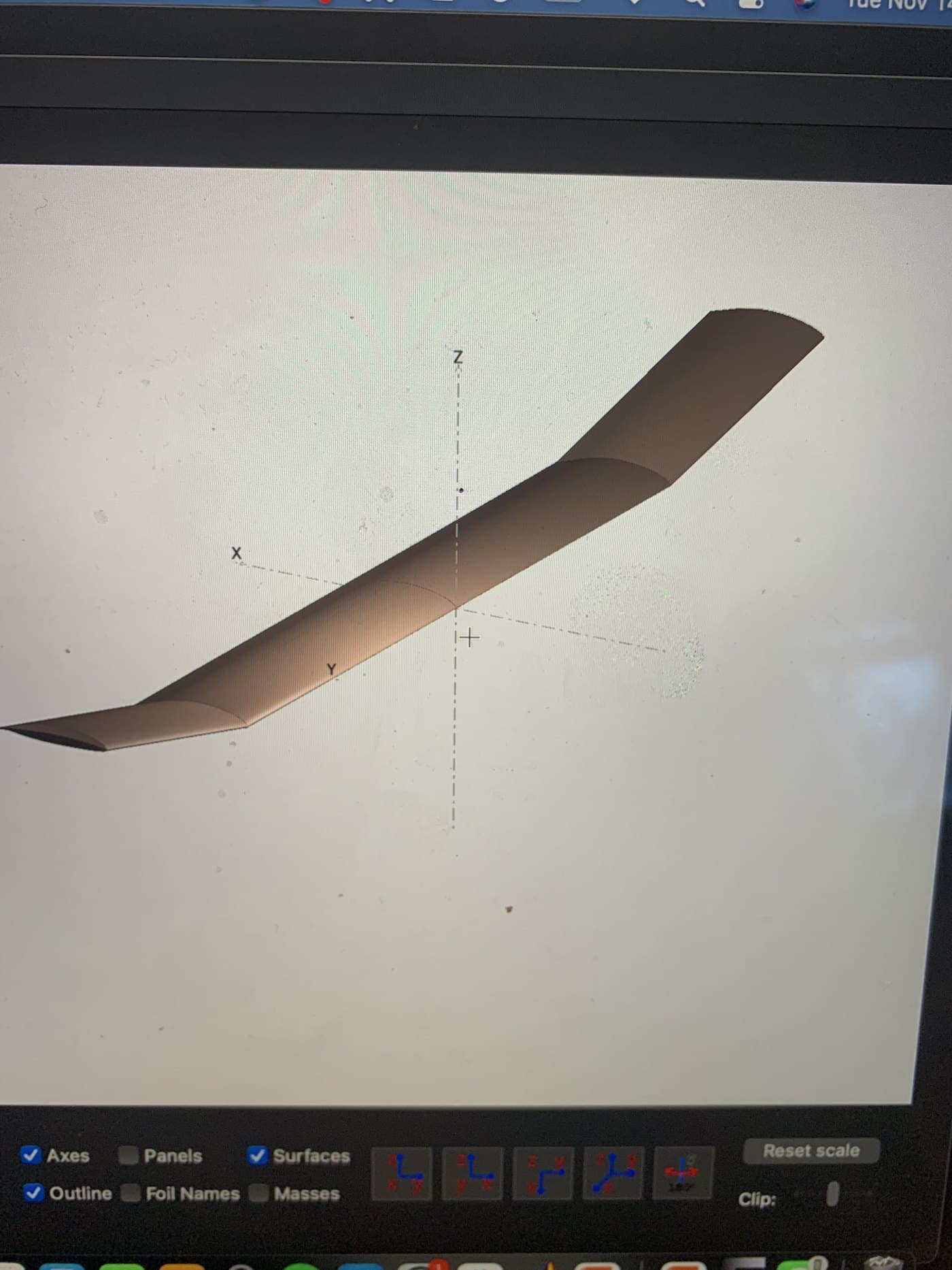 Figure 3: The wing geometry on screen during design iteration, showing the two-section dihedral.